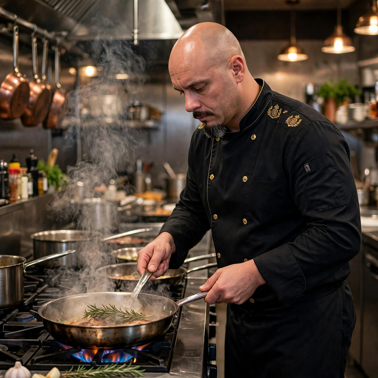 Micah Yanis in his black long-sleeve chef coat, searing food in a steaming pan on the line of a professional kitchen