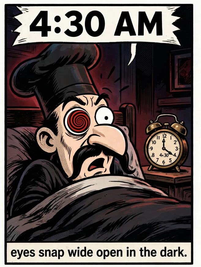 Comic panel 1: Psycho Chef in bed in the dark, eyes snapping wide open — one of them a red spiral — as the alarm clock reads 4:30 AM