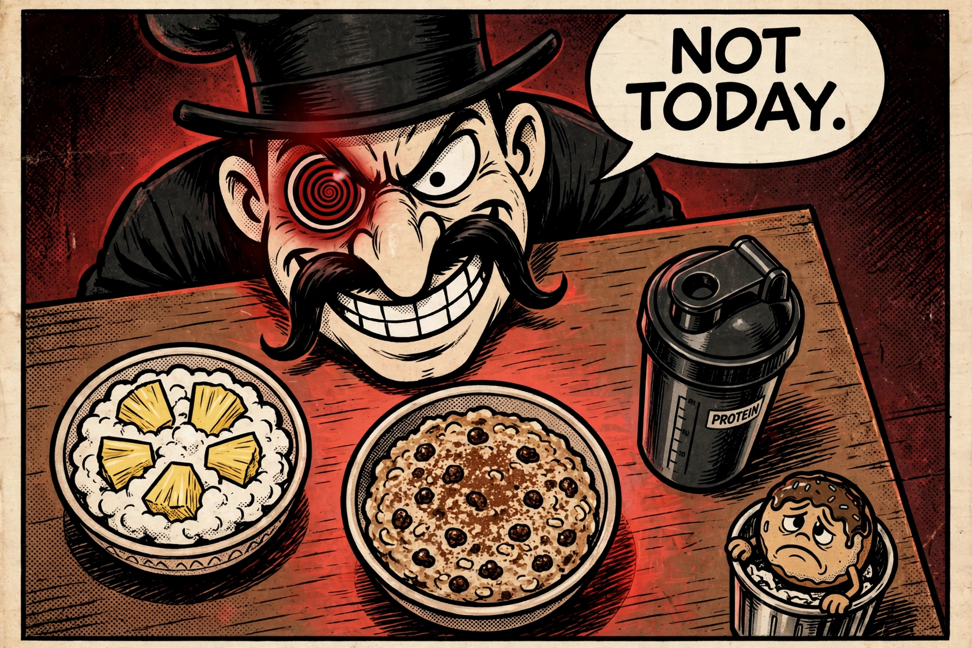 Comic panel 4: Psycho Chef grins over his real breakfast — cottage cheese with pineapple, cinnamon raisin oatmeal, and a protein shaker bottle — saying 'Not today,' while the donut sulks in the trash