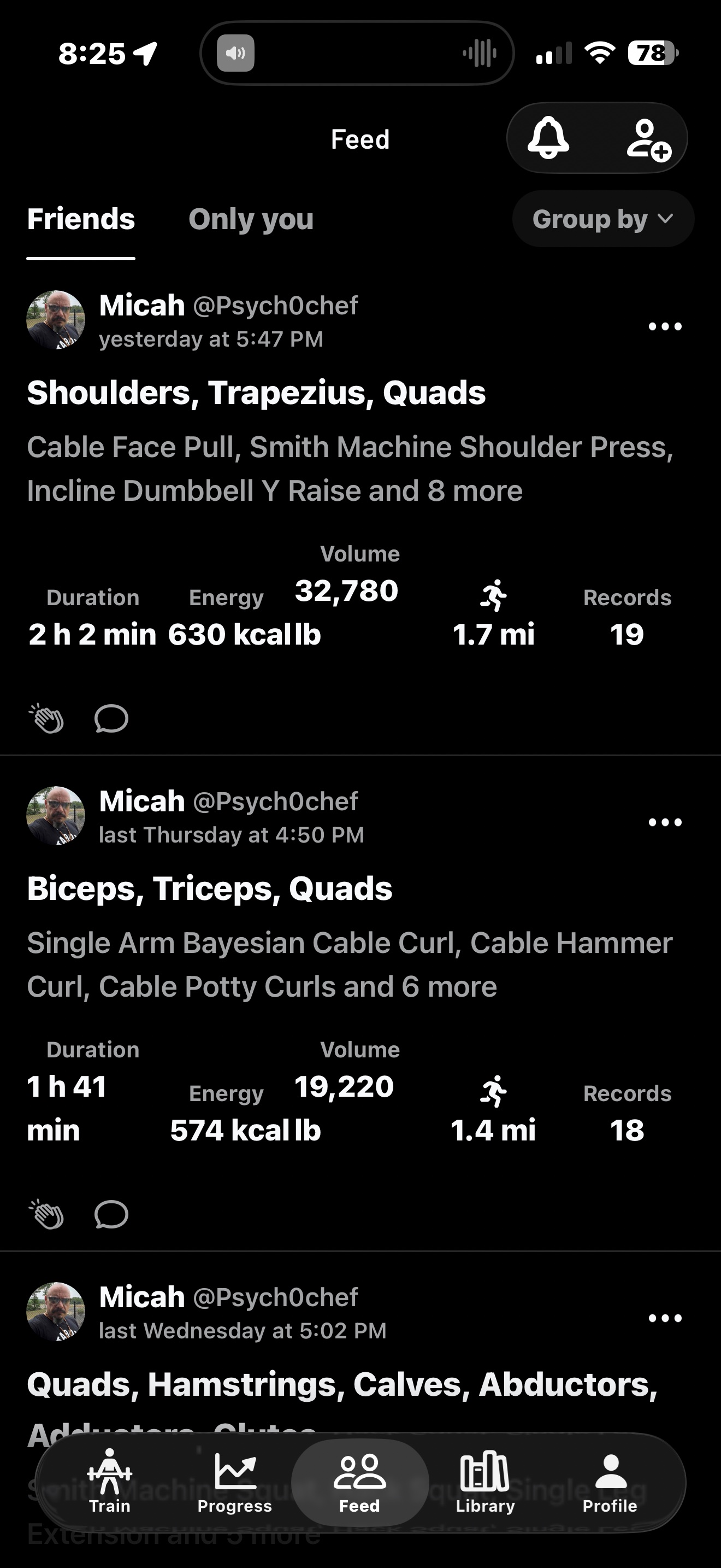 Screenshot of Chef's Gravl feed — Micah @Psych0chef's logged workouts and records