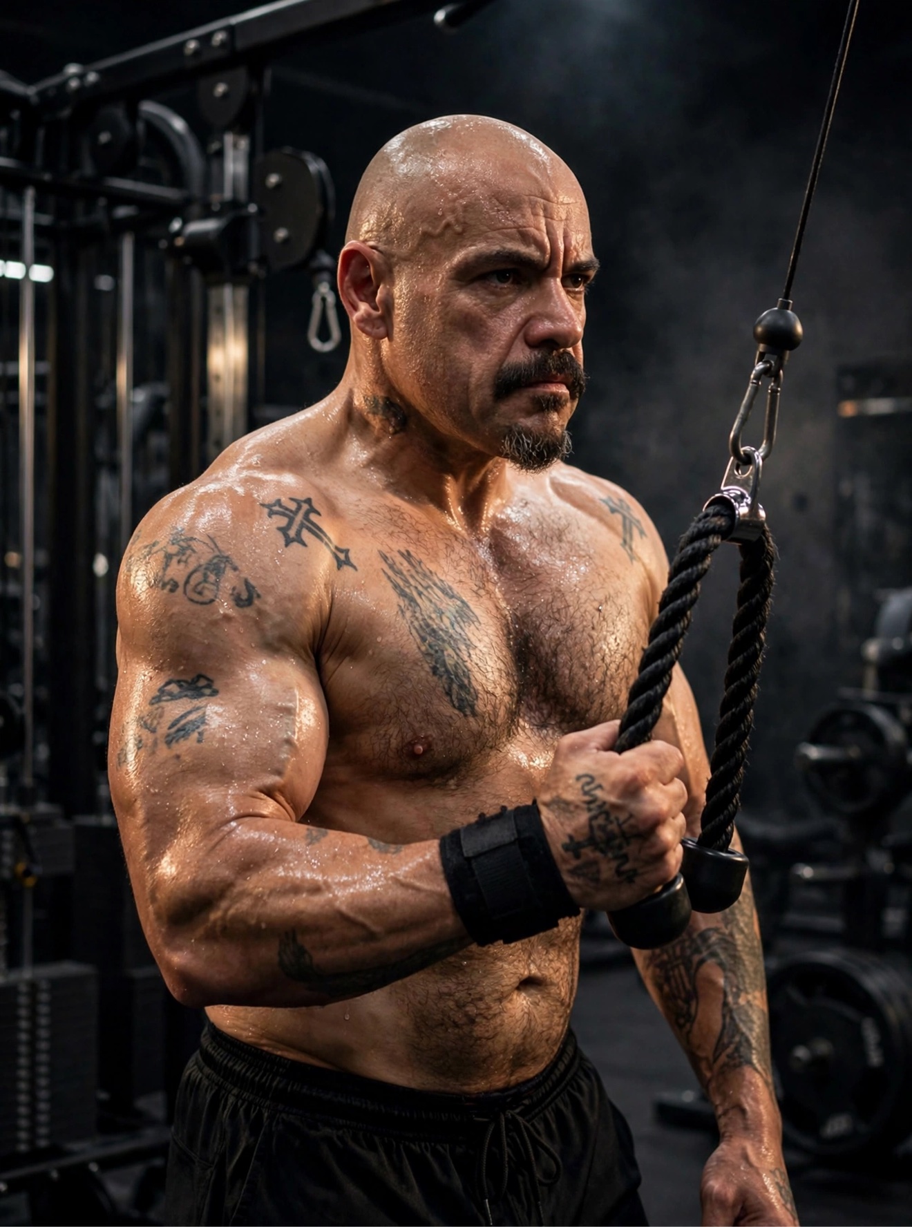 Micah Yanis, shirtless, working a cable rope in the gym — cross tattoos across his shoulders and chest, tattooed arms