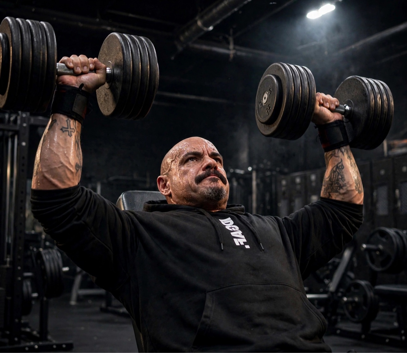 Micah Yanis pressing heavy dumbbells on an incline bench, cross tattoo on his forearm
