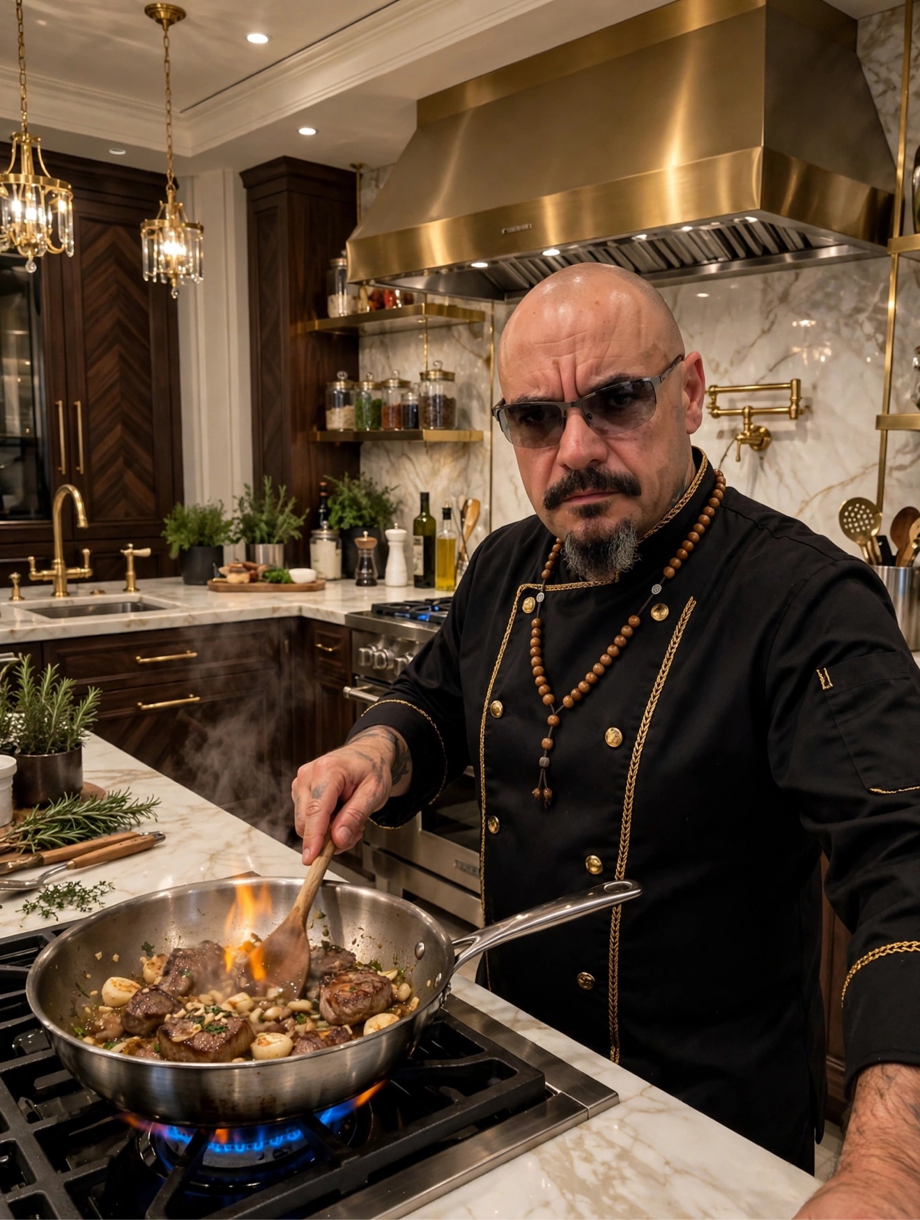 Micah Yanis in his black long-sleeve chef coat cooking steaks in a pan in his kitchen