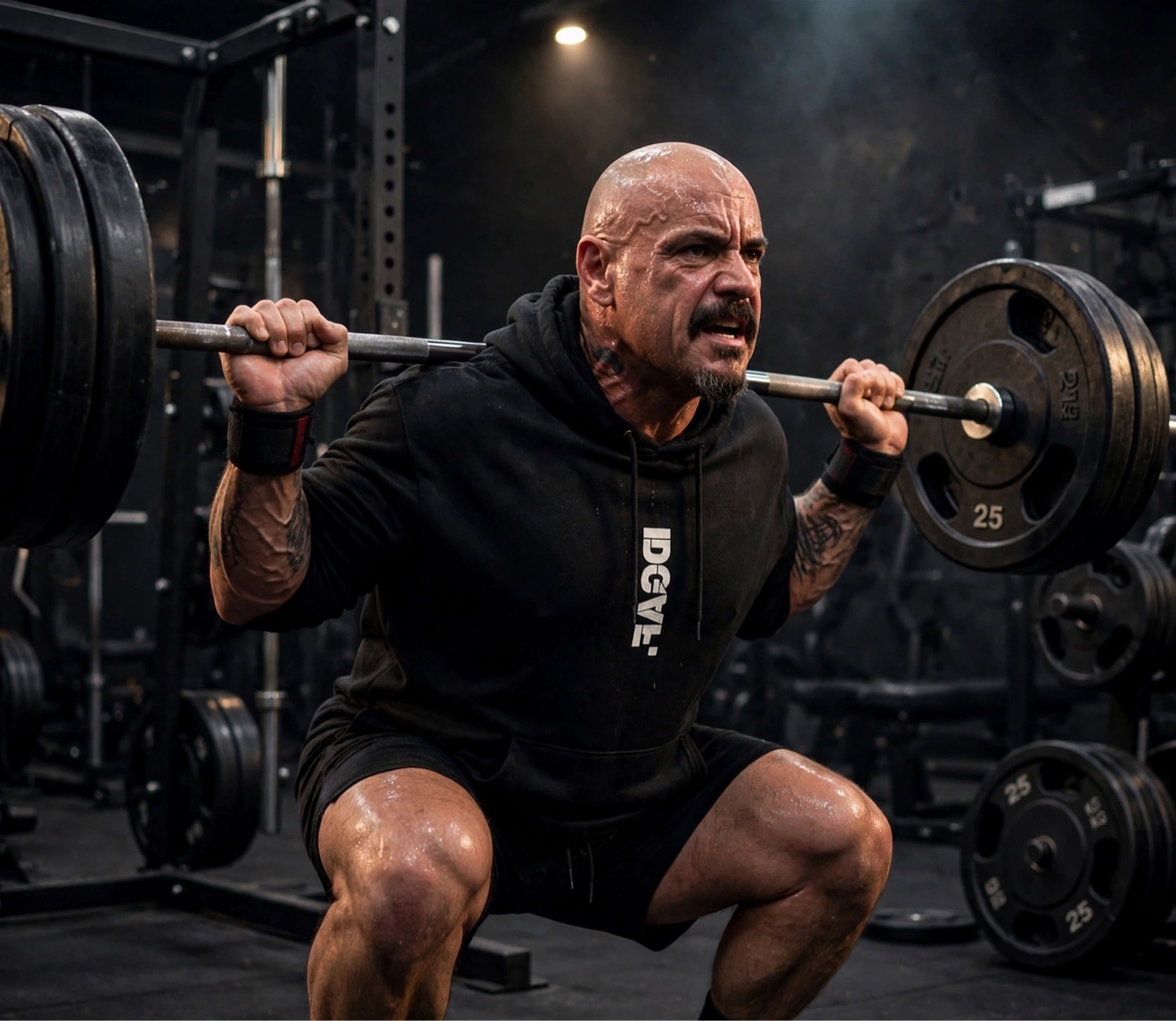 Micah Yanis driving up out of a heavy barbell squat in a dark gym